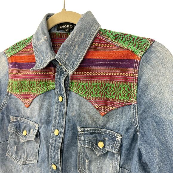 Mono b Southwestern Pearl snap Denim Shirt Colorful woven Accents Wom size small - Picture 3 of 12
